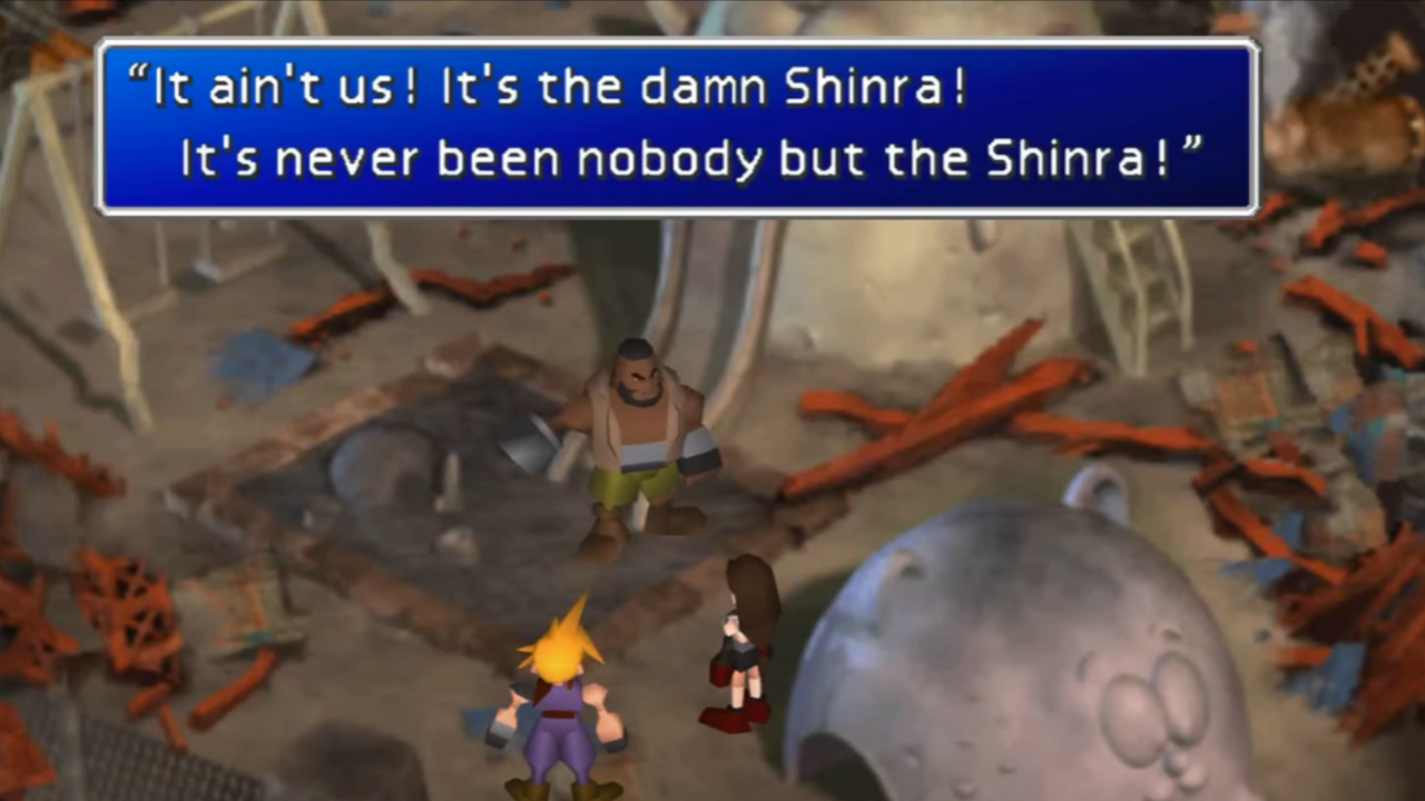 Barrett von Final Fantasy VII ruft Shinra aus.