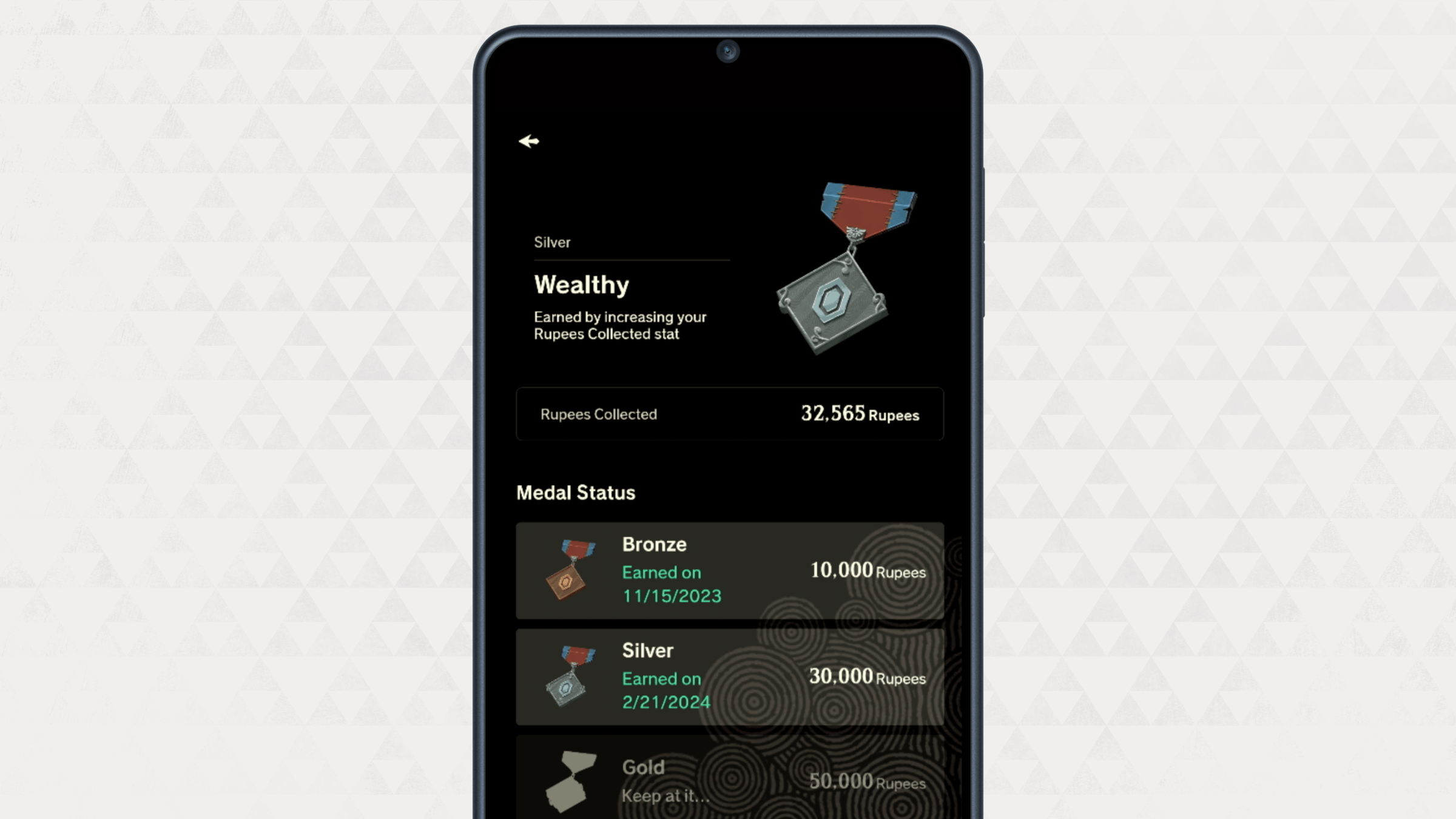 Ein Telefonbildschirm zeigt die wohlhabende Silbermedaille zum Sammeln von Rupien in der Zelda Notes App