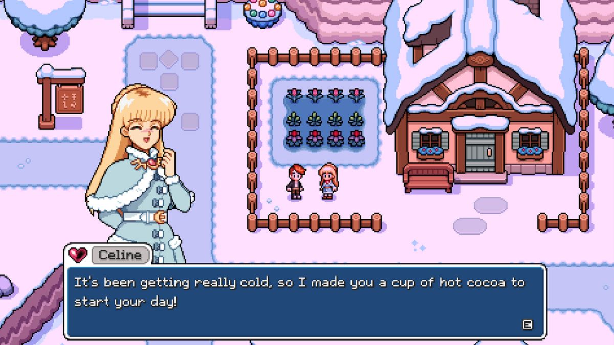 Felder von Mistria-Press-Kit-Footage-of-Celine-Talking-to-the-Player-Charakter-in-Winter