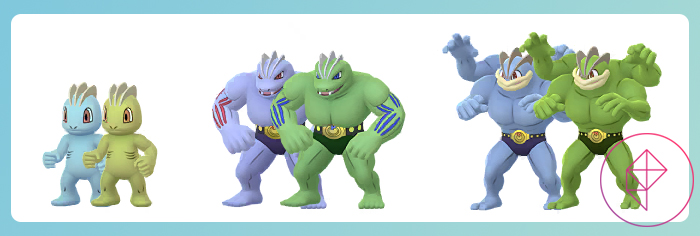 Machop, Machoke und Machamp mit ihren glänzenden Formen in Pokémon gehen. Alle drei drehen eine grüne Farbe.