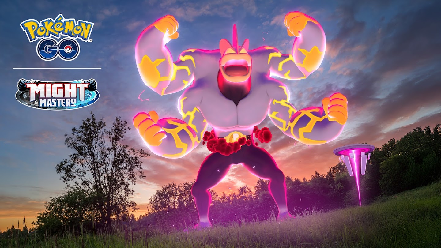 Gigantamax Machamp spielt seine Muskeln in der Nähe eines Kraftstoffplatzes in Pokémon Go
