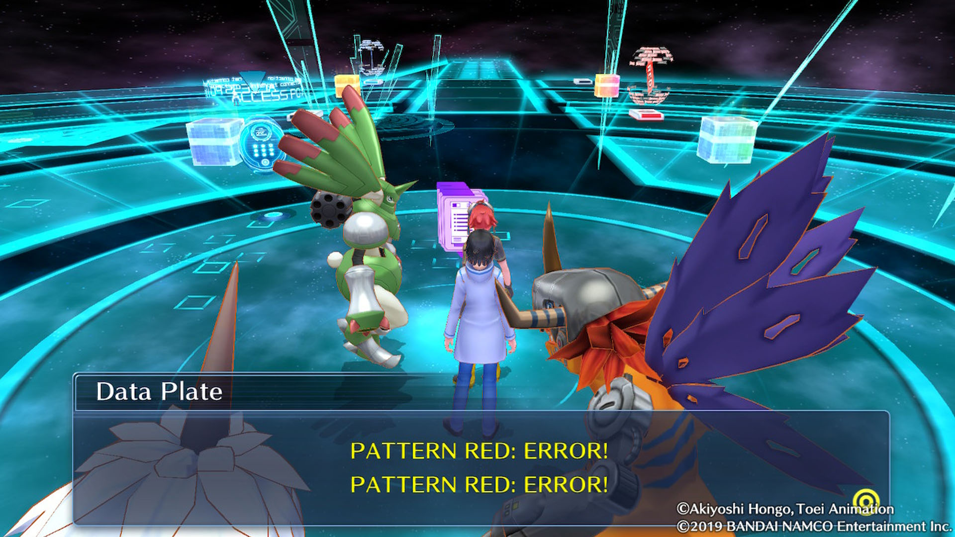 Zwei Zeichen gefolgt von drei Digimon.