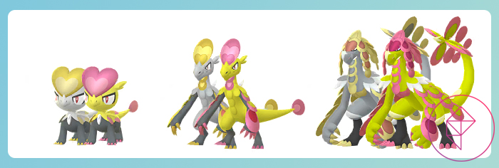 Shiny Jangmo-O, Hakamo-O und Kommo-O mit ihren regulären Formen in Pokémon Go. Alle drei glänzenden werden gelb mit neonrosa Skalen.