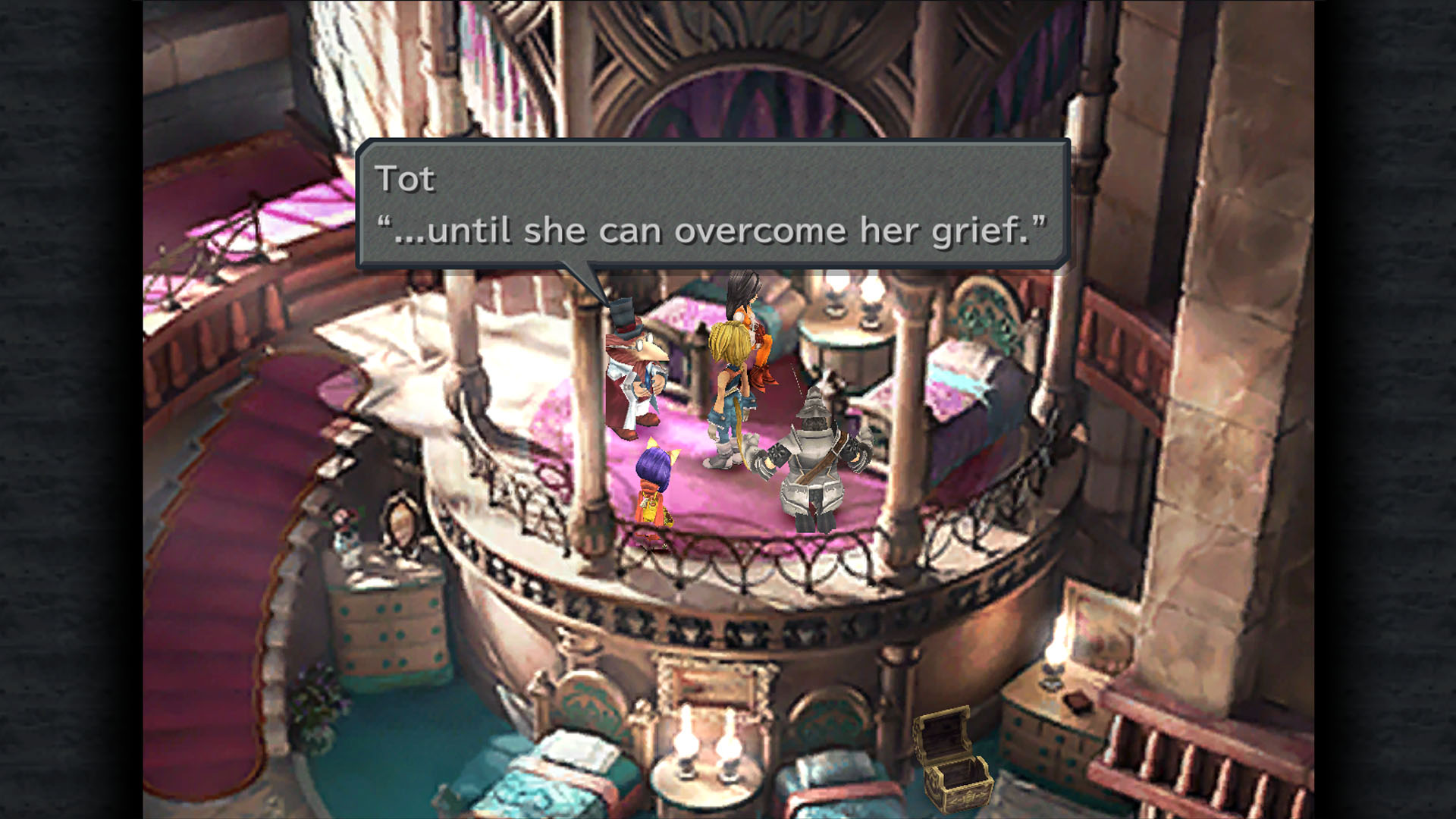 Ein Screenshot von Final Fantasy 9 zeigt Zidane, Steiner, Eiko und Garnet mit Tot, der ihnen erklärt, warum die Prinzessin ihre Stimme verlor.