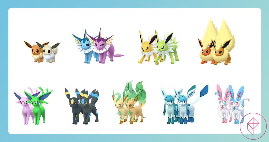 Eevee und die Eevee entwickeln sich mit all ihren glänzenden Versionen neben ihnen.