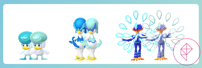 Glänzender Quaxly, Quaxwell und Quaquavel mit ihren regulären Formen in Pokémon Go. Alle drei drehen ein helles Blau.