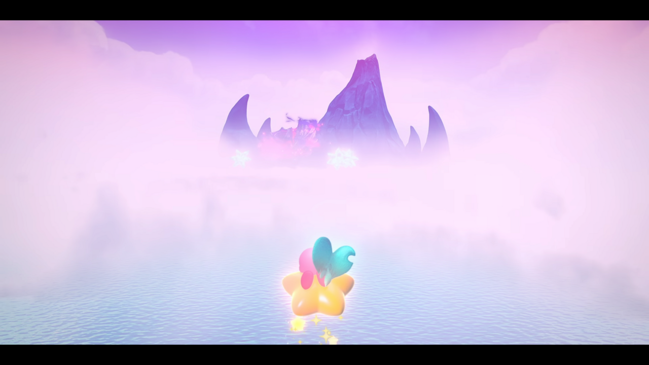 Kirby und Elfilin schauen auf Fallen Star Vulcano auf