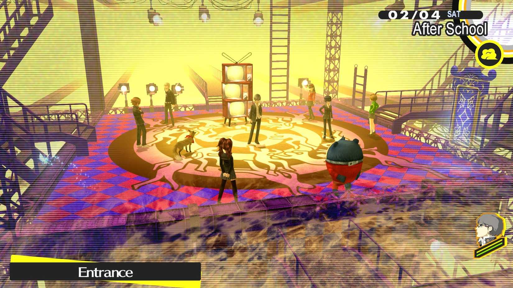 In Persona 4 Golden versammelt sich eine Gruppe Teenager nach der Schule um drei gestapelte Fernseher in einem goldenen Raum