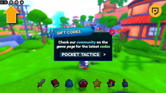 Anime-Waffencodes: Ein Screenshot der Anime-Waffencodes-Box mit POCKET TACTICS in der Box, einem Pfeil, der auf das Geschenksymbol zeigt, und einem PT-Logo in der oberen rechten Ecke