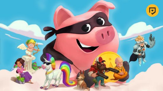 Ein Schwein in einer schwarzen Maske, das in den Wolken Coin Master-Freispiele und Münzen verteilt