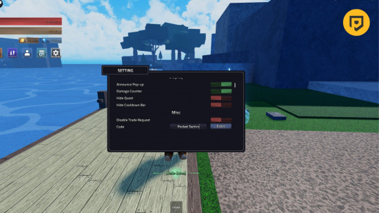 Bildschirm zum Einlösen von Rogue Piece-Codes auf einem Dock am Meer
