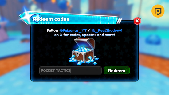 Anime Celestial X-Codes: Ein Screenshot der Codebox mit POCKET TACTICS darin und einem PT-Logo in der oberen rechten Ecke