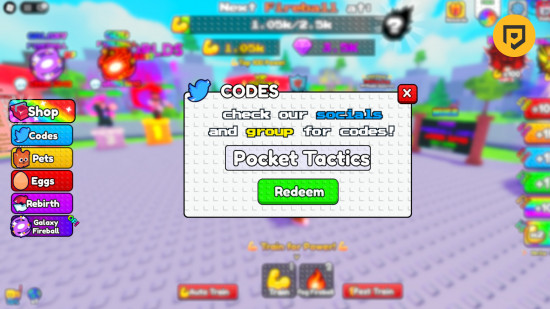 Fireball-Trainingscodes: Ein Screenshot der Codebox mit Pocket Tactics in der Box, einem PT-Logo in der oberen rechten Ecke und einem unscharfen Hintergrund, um den Fokus auf die Codebox und die Code-Schaltfläche zu richten