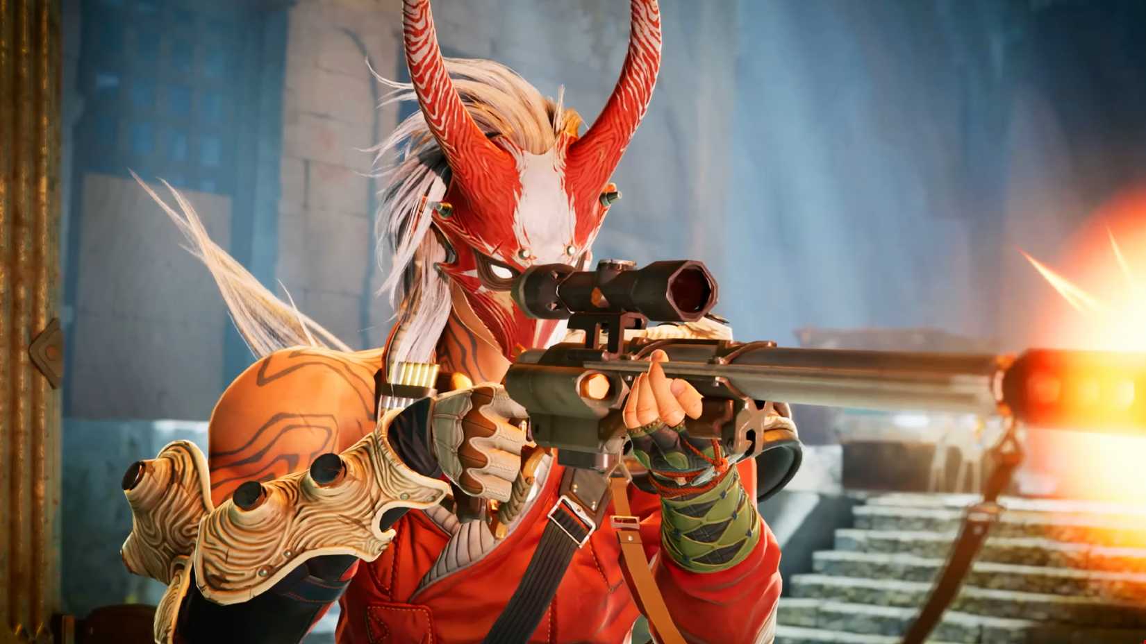 Eine Nahaufnahme einer Highguard-Figur mit Maske, die ein Scharfschützengewehr abfeuert.