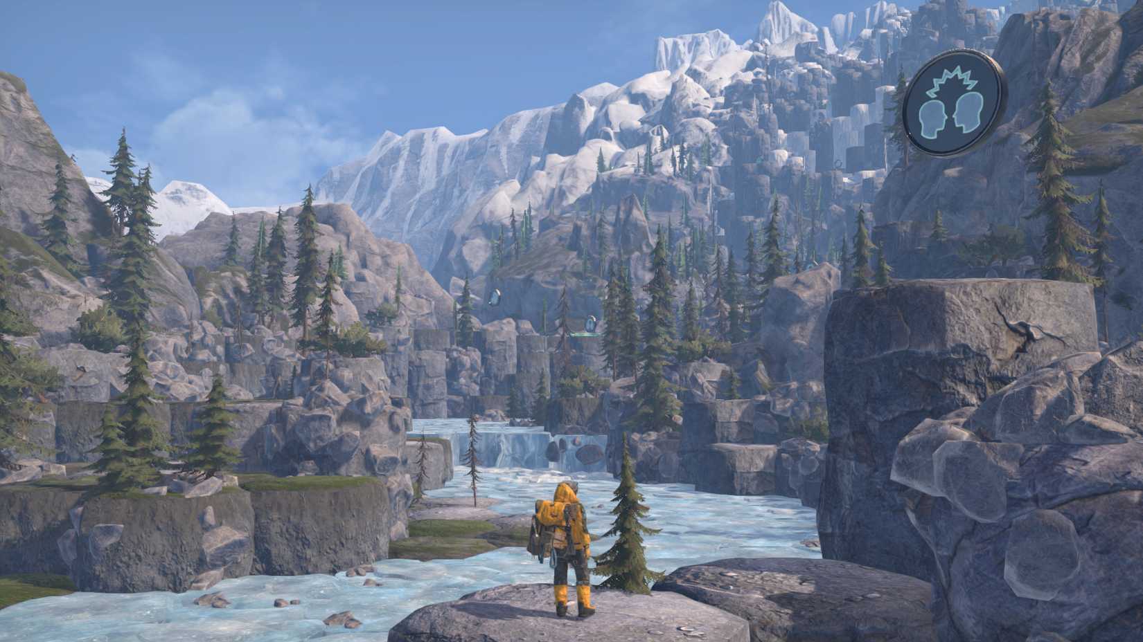 In Insurmountable steht ein Bergsteiger vor einer Berglandschaft aus Sechskantblöcken