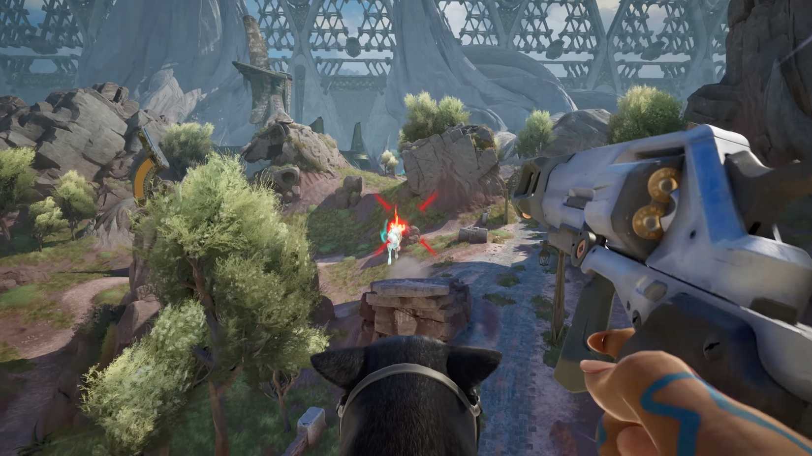 Eine Ego-Perspektive eines Highguard-Spielers, der auf einem Panther durch die Luft springt und dabei auf einen Feind unten feuert.