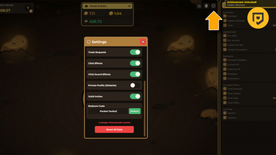 Idle Potato-Spielcodes: Ein Screenshot des Einstellungsmenüs mit Pocket Tactics im Feld, einem Pfeil, der auf das Zahnrad zeigt, und einem PT-Logo in der oberen rechten Ecke