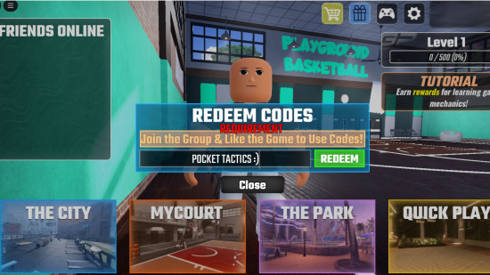 Der Code-Einlösungsbildschirm von Playground Basketball, in dem Pocket Tactics ausgefüllt ist, wo ein Code hingehört