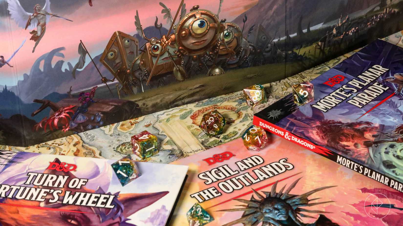 Drei Bücher, ein DM-Bildschirm und eine Karte mit einigen lustigen Würfeln vervollständigen die Planescape: Adventures in the Multiverse-Sammlung.