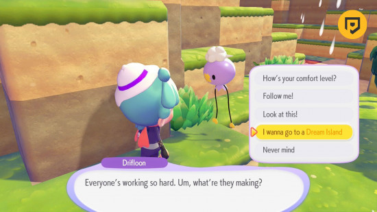 Pokopia Dream Island: Daz' Pokopia-Charakter spricht mit Drifloon und wählt die Option Dream Island aus, mit einem PT-Logo in der oberen rechten Ecke